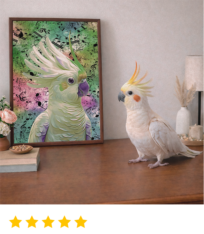 Custom pet portrait celebrating exotic pets like cockatoos