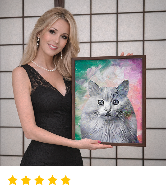 Elegant woman holding a framed custom cat portrait as a meaningful gift