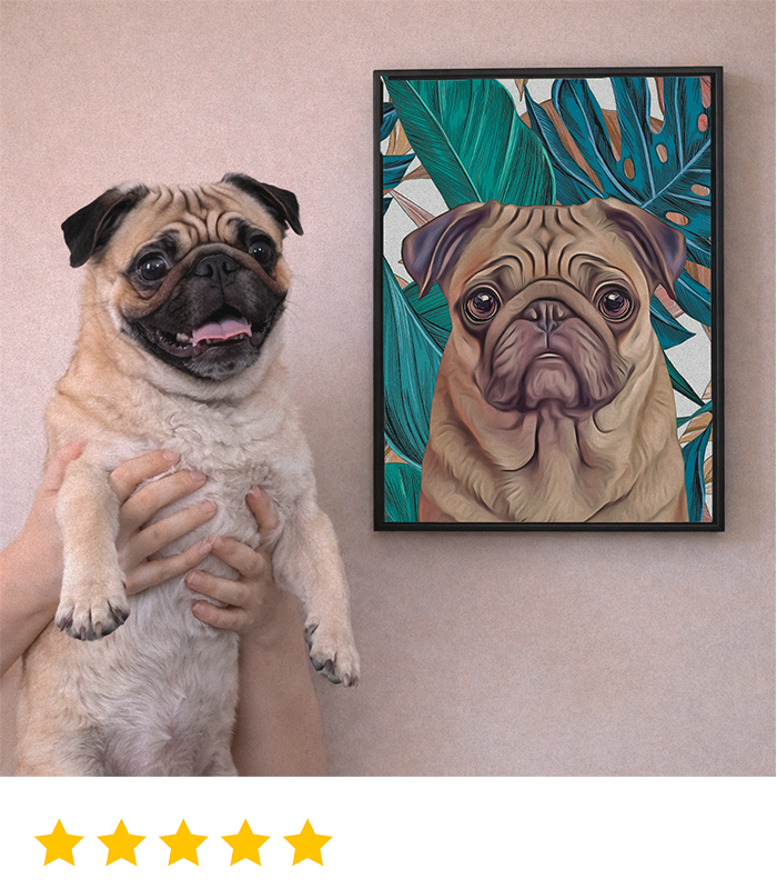 Happy pug next to a tropical botanical style pet portrait full of personality