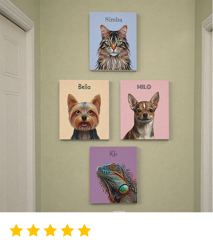 Gallery style wall with multiple custom pet portraits celebrating the whole family