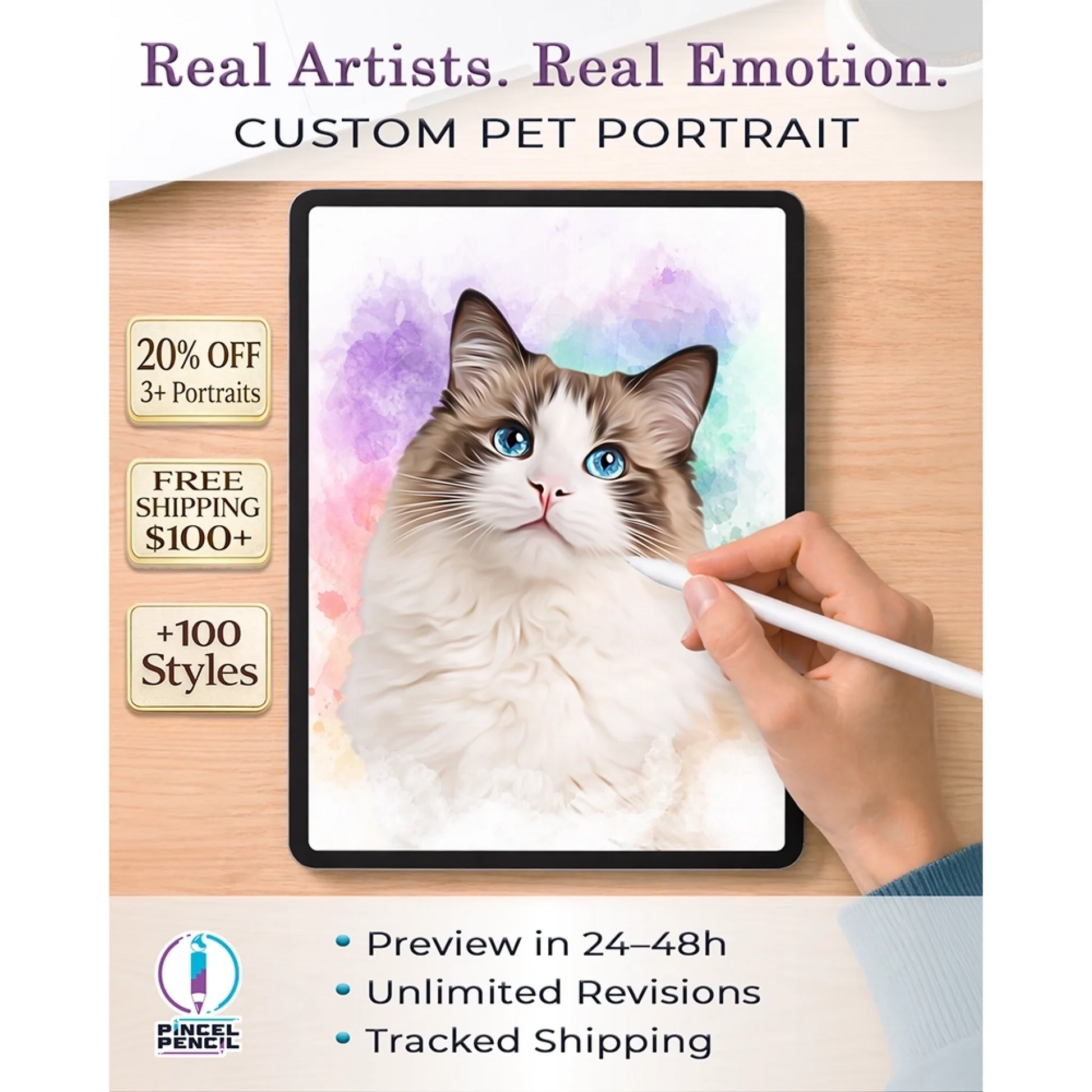 Custom pet portrait from photo illustrated by real artists preview process watercolor pet portrait by Pincel Pencil