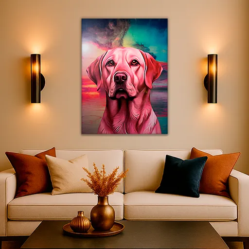 Custom pet portrait wall art framed in living room – personalized dog artwork delivered to your home