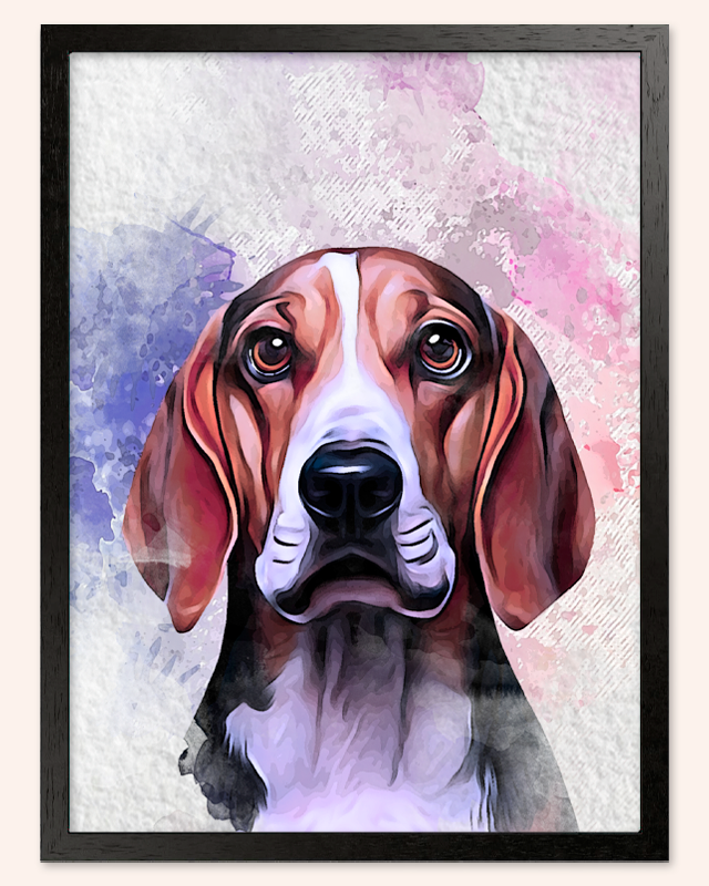 High-resolution watercolor dog portrait art with a pink and blue splash background, ideal for homepage hero banner showcasing personalized pet artwork for modern interiors