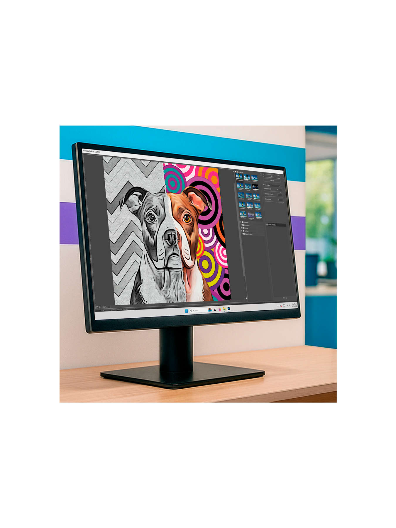 Computer screen showing the digital creation process of a custom pet portrait, representing how Pincel Pencil artists refine and craft each artwork.