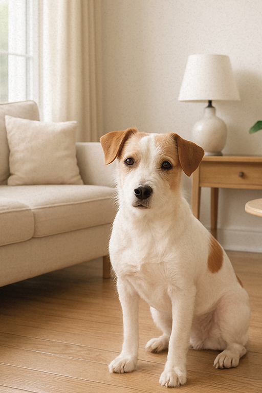 Dog indoors at eye level with clear view of face and neck, even lighting, and no strong shadows — perfect for creating a custom pet portrait with Pincel Pencil.