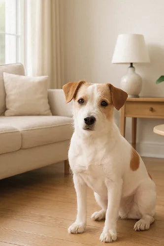 Dog indoors at eye level with clear view of face and neck, even lighting, and no strong shadows — perfect for creating a custom pet portrait with Pincel Pencil.