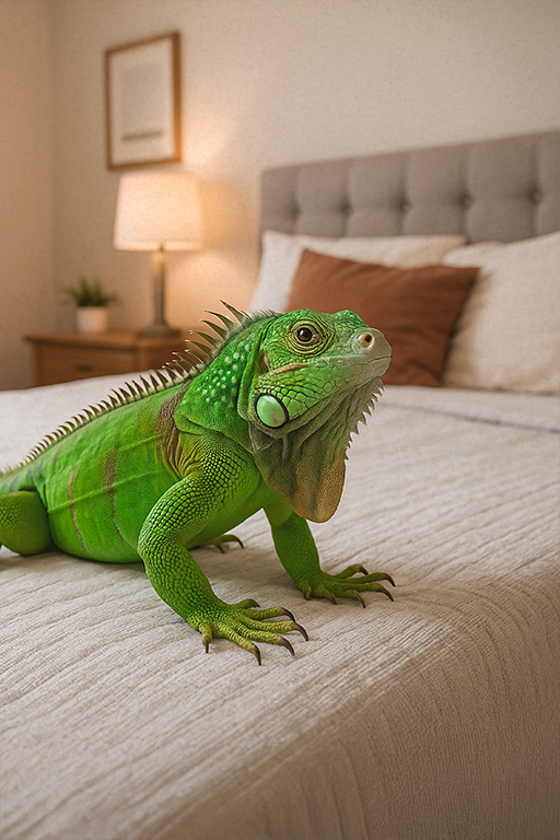 Green iguana on a bed, well-lit with full body and face clearly visible — a strong example for custom reptile portraits created by Pincel Pencil.