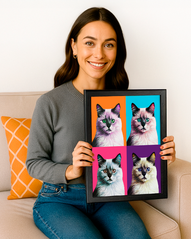 Smiling woman holding a framed custom pop art portrait of her cat with four colorful panels. Personalized digital pet illustration created from a photo, perfect for cat lovers and modern home decor. High-quality artwork crafted with premium materials.
