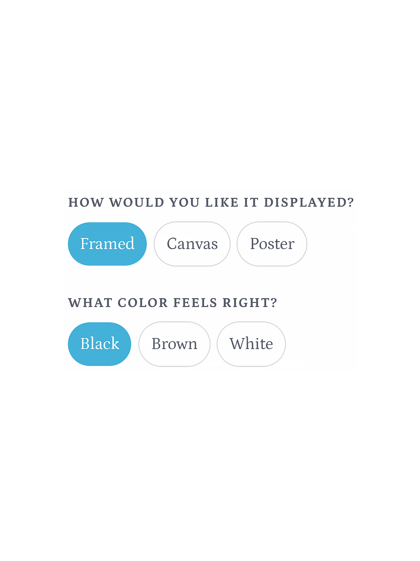 Display format and frame color selection for custom pet portraits at Pincel Pencil, showing framed, canvas, and poster options with black, brown, or white frames.