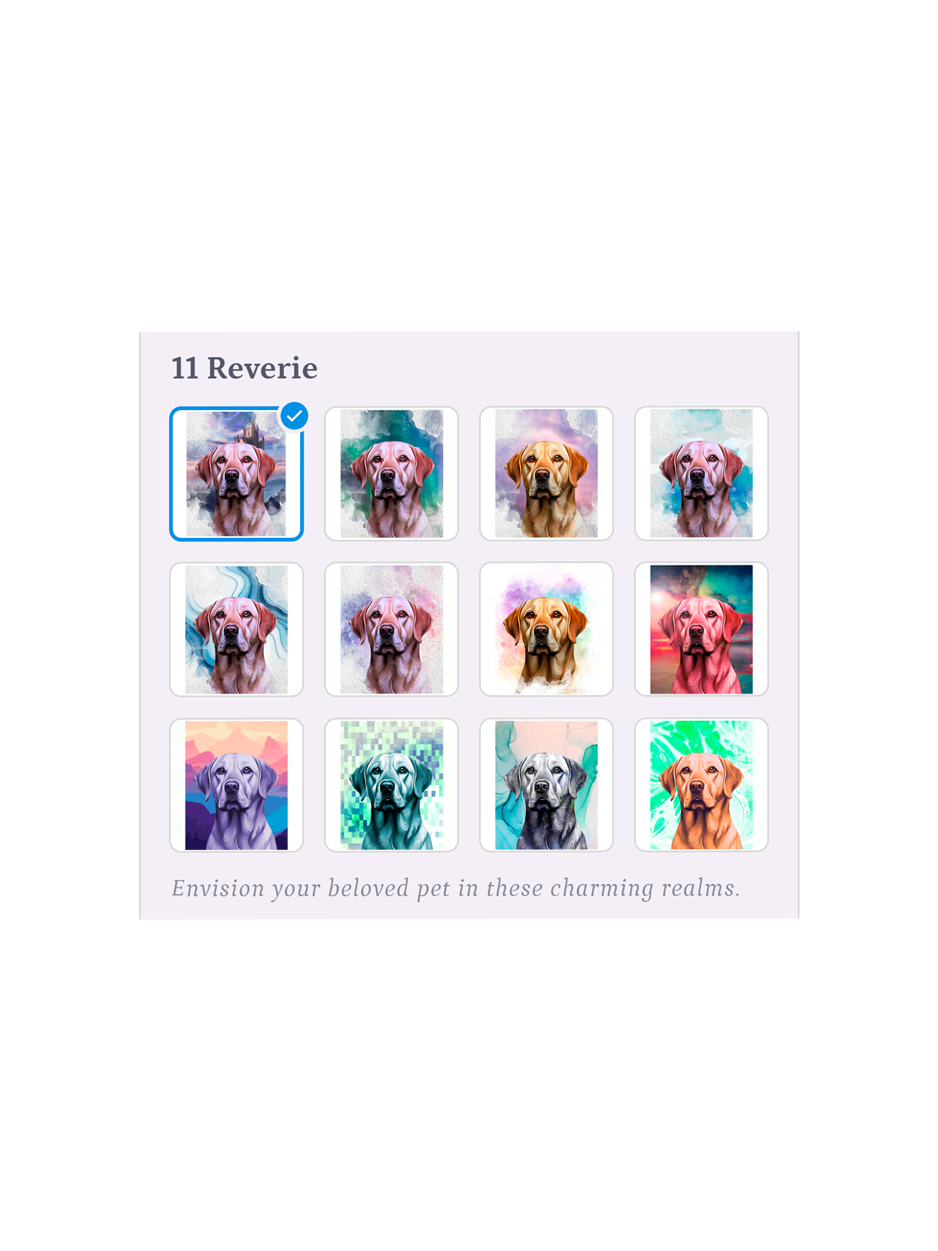 Grid of digital art designs within a selected Realm, showing different style variations for creating a custom pet portrait.