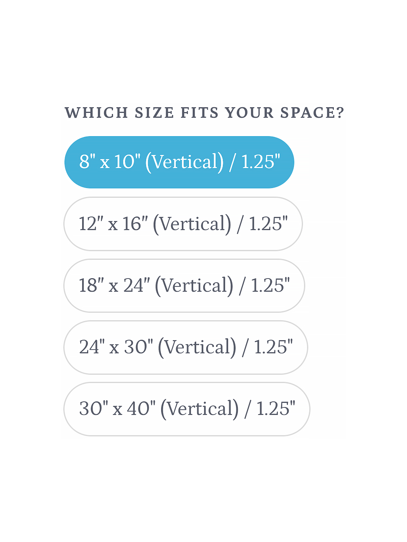 Size selection interface showing available portrait dimensions to help customers choose the format that fits their space.