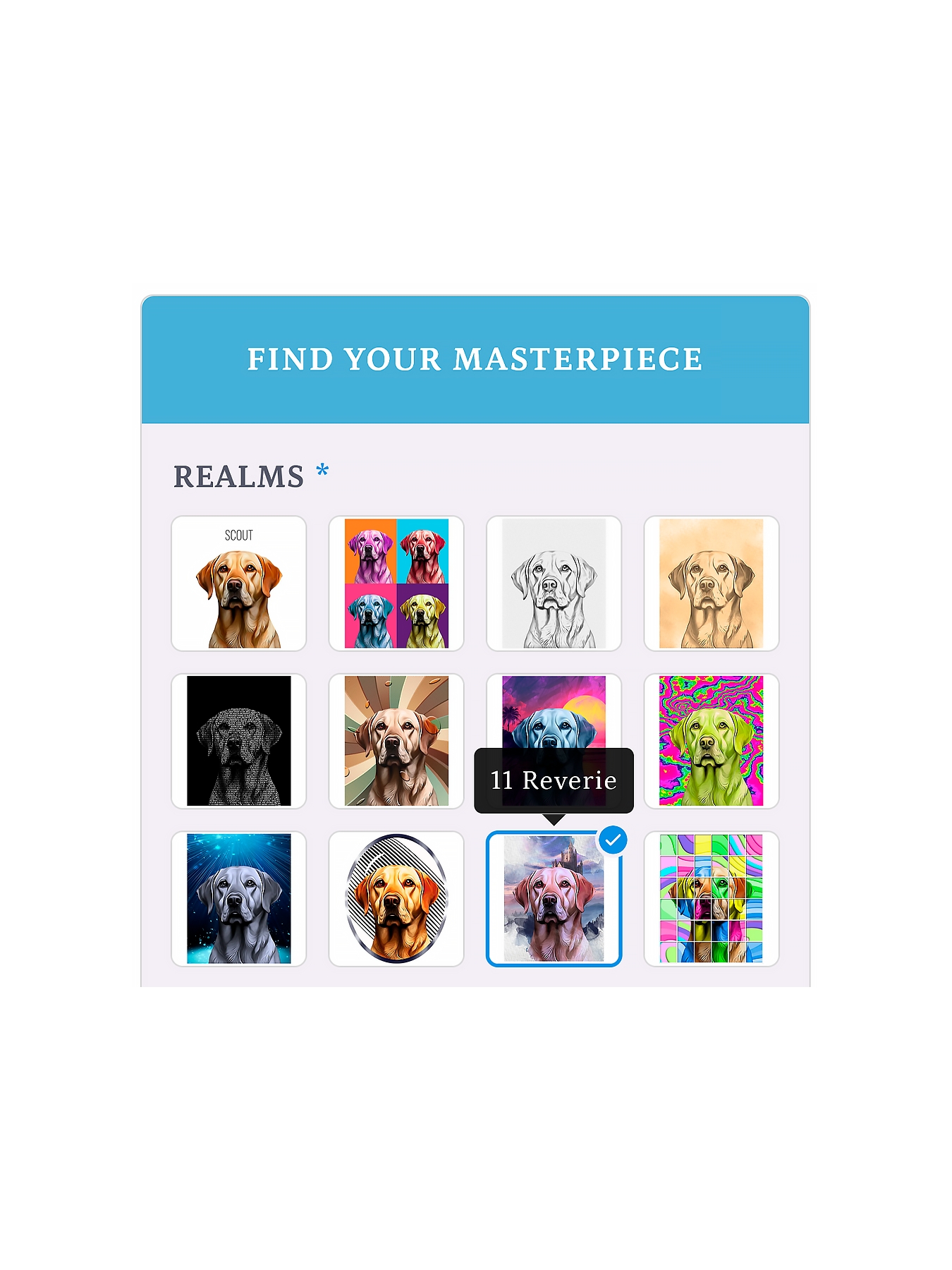 Style gallery featuring the 12 Realms collections, helping customers choose the artistic style for their custom pet portrait.
