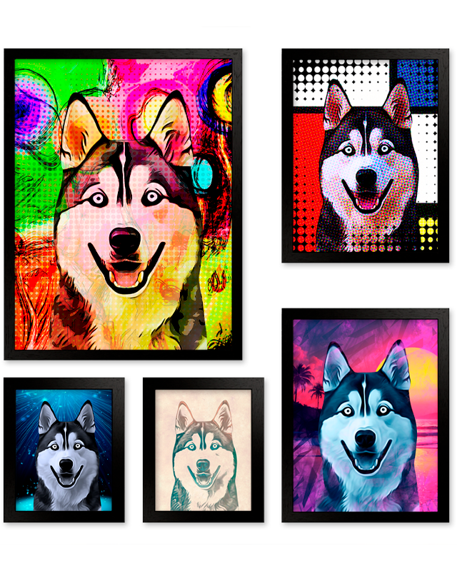Husky custom pet portraits in multiple styles including pop art, abstract, minimalist and illustrative. Showcasing over 100 personalized dog art styles to transform a single photo into a vibrant gallery for home décor.