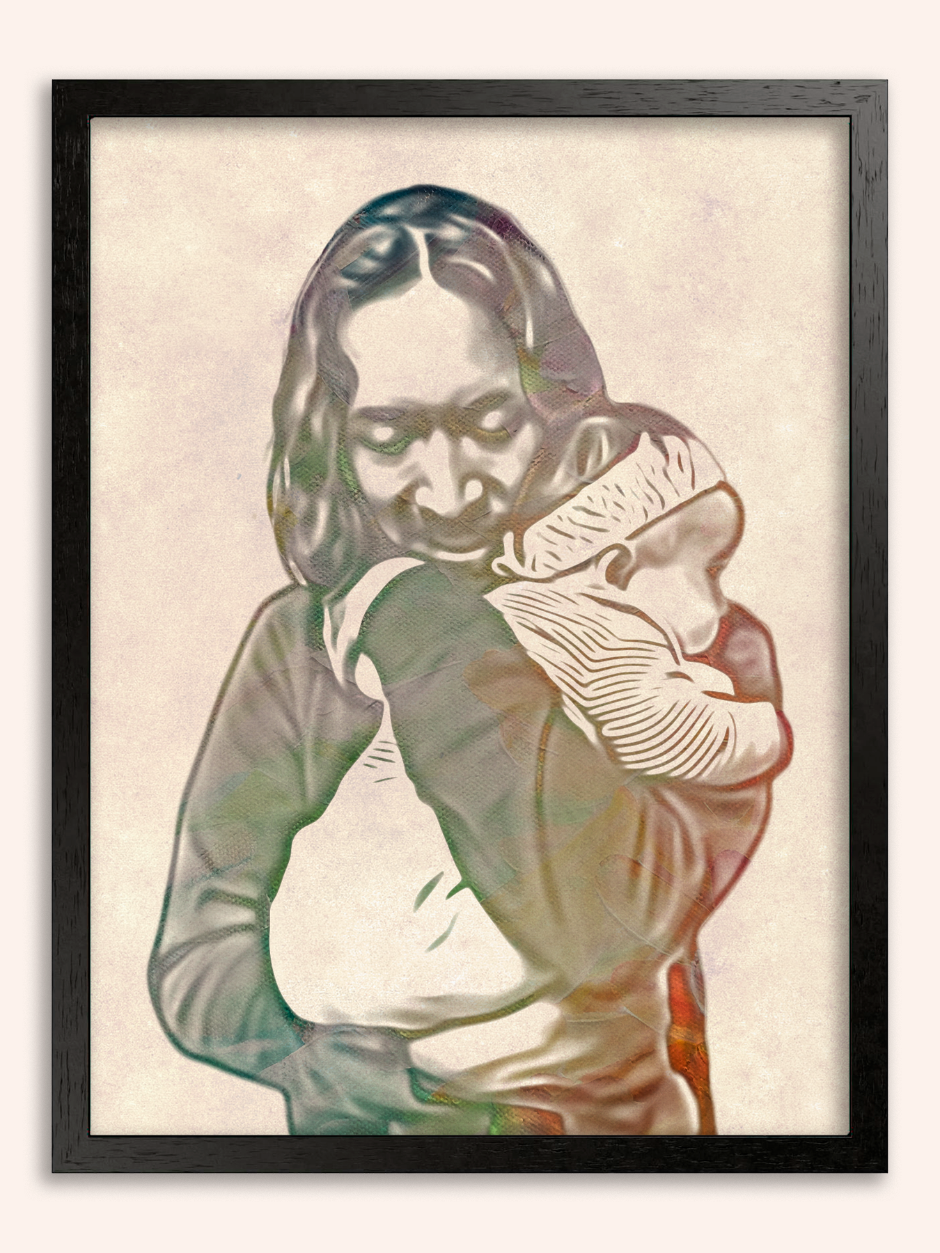 Framed digital artwork of a father embracing her child, symbolizing the loving family origins of Pincel Pencil — a digital art studio built on heart, creativity, and personal stories.