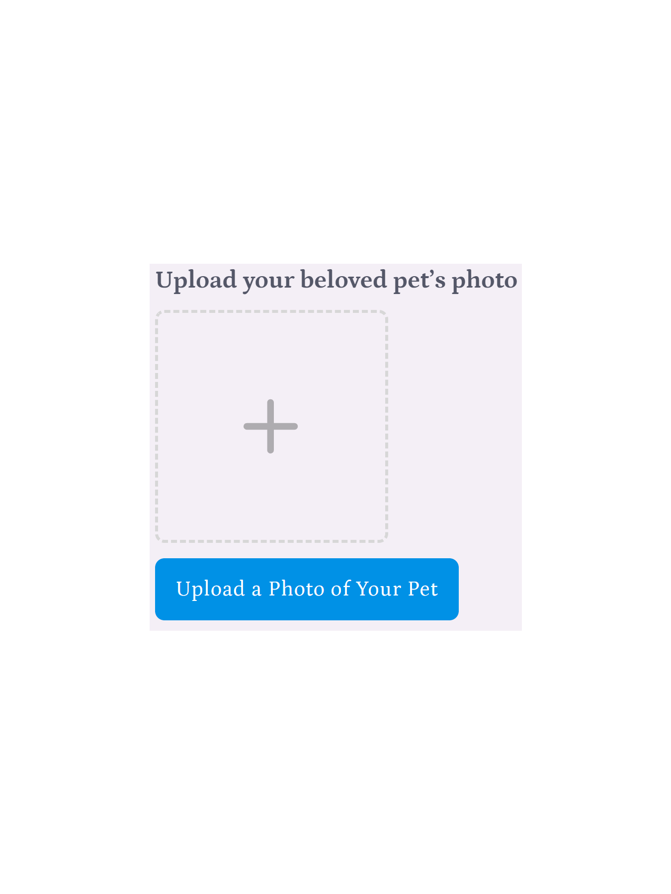 Photo upload interface where customers submit their pet’s image to create a custom digital portrait with Pincel Pencil.