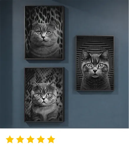 Custom cat portrait set designed as a cohesive black and white gallery collection