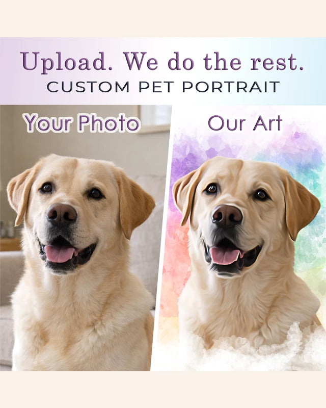 Before and after custom dog portrait from photo showing real cat photo transformed into personalized pet portrait artwork created by real artists at Pincel Pencil.