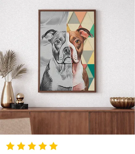 Modern dual style pitbull portrait blending strength and warmth in a stylish livingroom