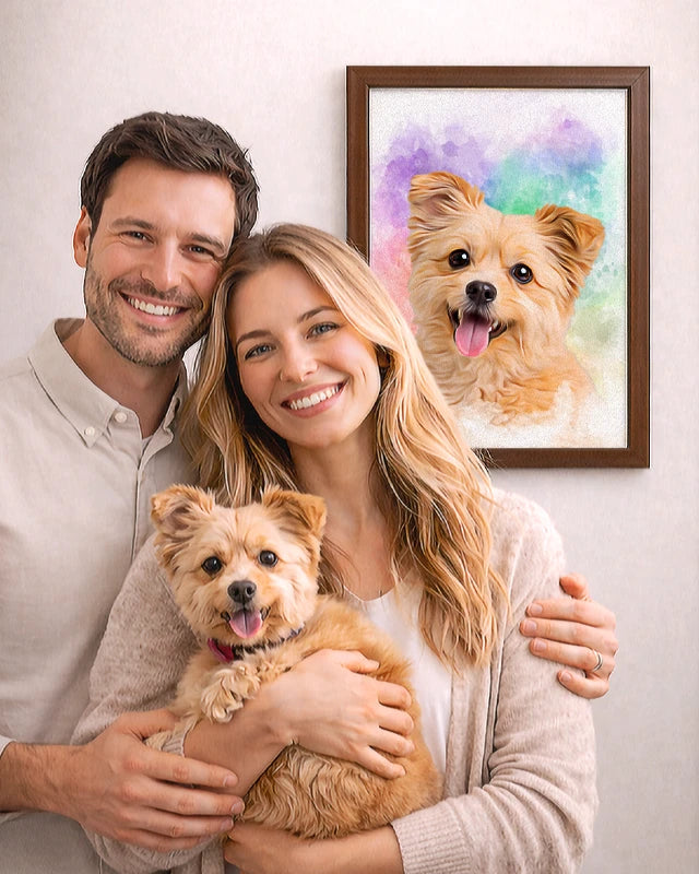 Happy couple holding their dog next to a custom dog portrait from photo on the wall, personalized pet portrait artwork created by real artists at Pincel Pencil