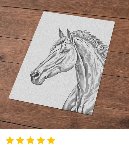 Elegant black and white horse portrait artwork displayed on wooden floor