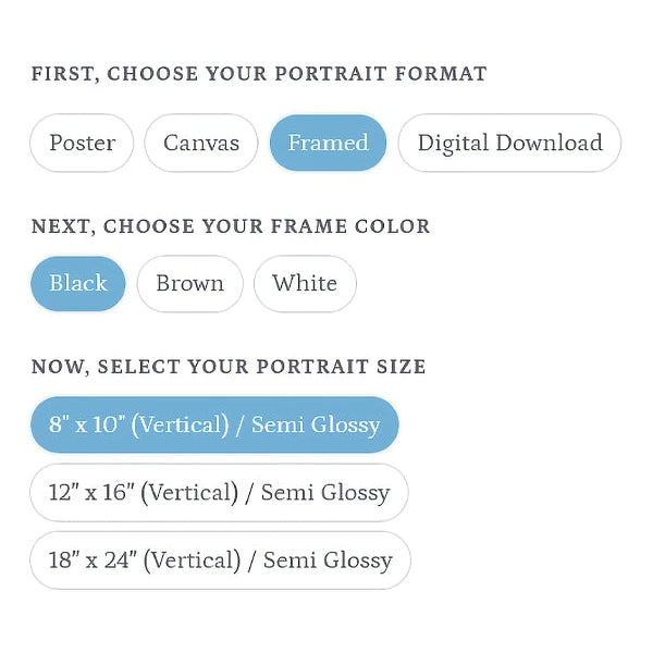 Custom pet portrait display options including framed canvas and poster with frame color selection