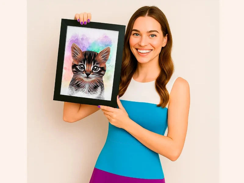 Woman holding framed custom cat portrait from photo personalized pet wall art by Pincel Pencil
