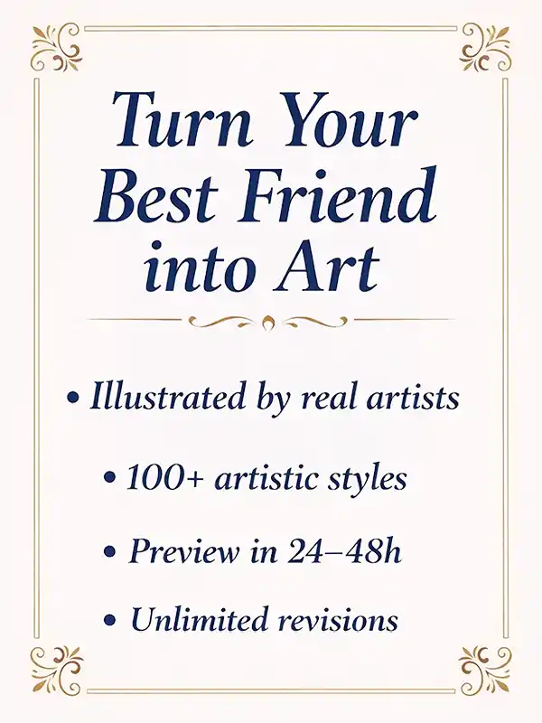 Custom pet portrait from photo illustrated by real artists – over 100 artistic styles, 24–48h preview and unlimited revisions by Pincel Pencil