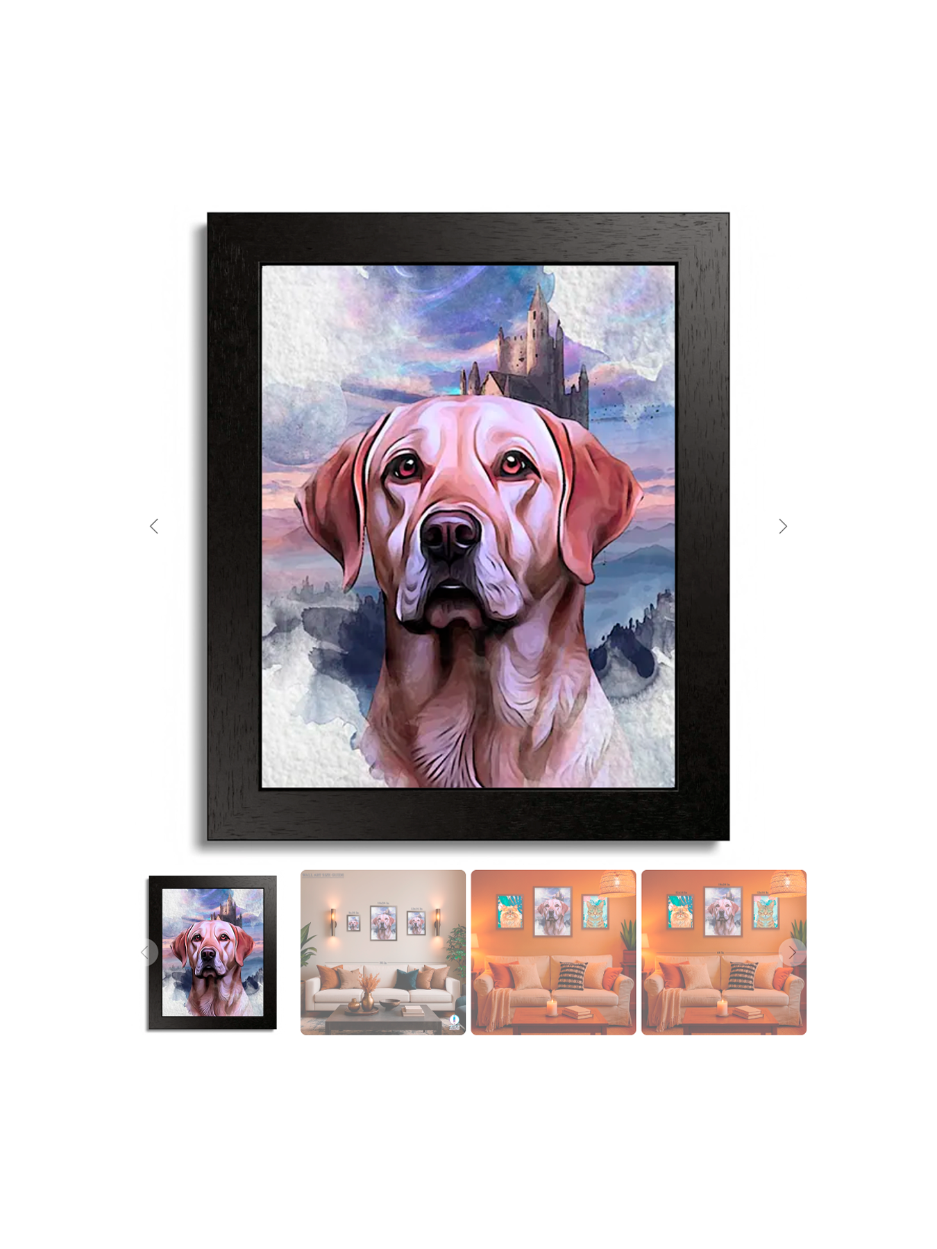Framed digital dog portrait displayed in a room preview with multiple interior settings, helping customers visualize how their custom pet artwork will look at home in Step 5 of the Pincel Pencil process.