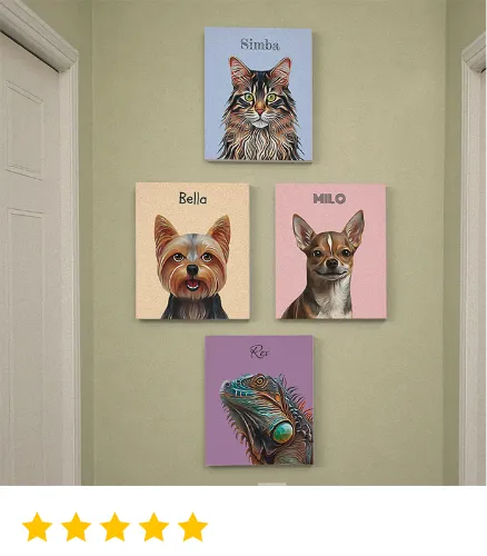 Gallery style wall with multiple custom pet portraits celebrating the whole family