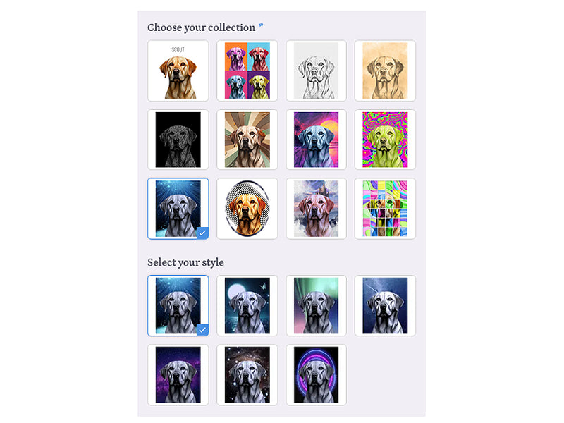 Custom pet portrait style collections selector with multiple artistic designs