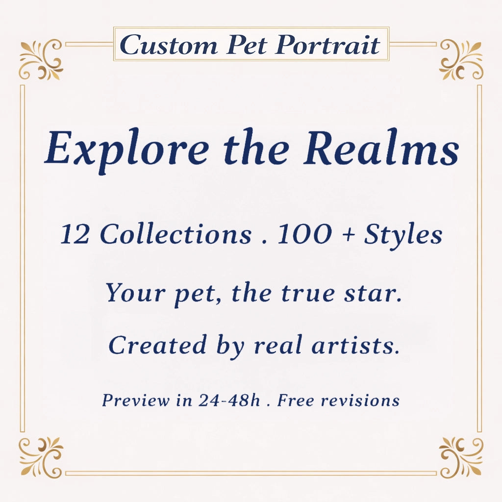 Explore Pincel Pencil Realms featuring 12 custom pet portrait collections and over 100 artistic styles created by real artists